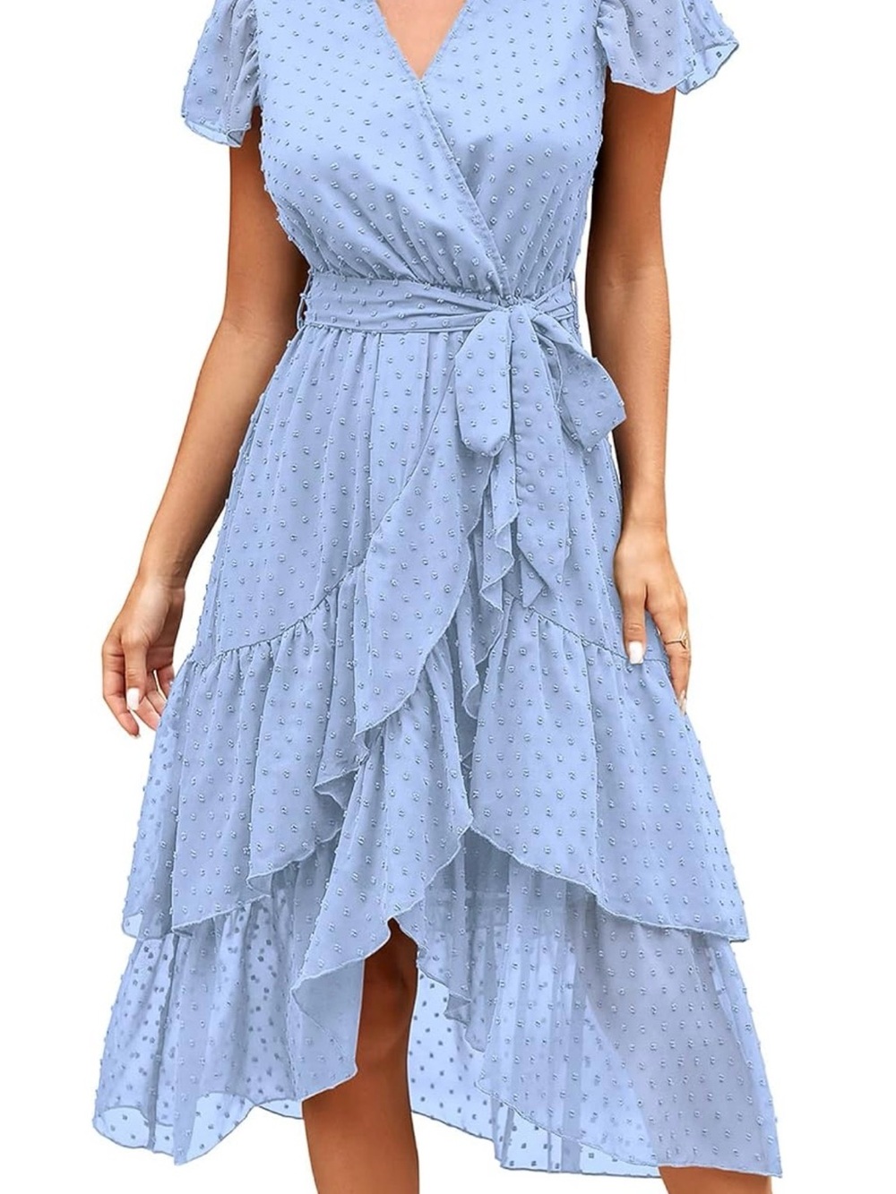 Summer dress- wrap v-neck swiss dot swing ruffle midi party dress